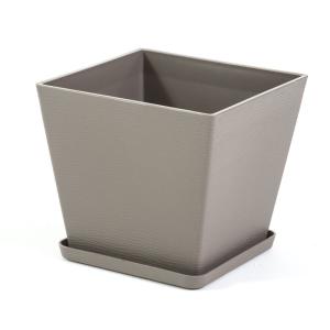 Pot carré 38x38 cm en polypropylène taupe avec soucoupe