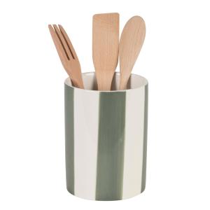 Pot en céramique verte et blanche et ustensiles en bois de…