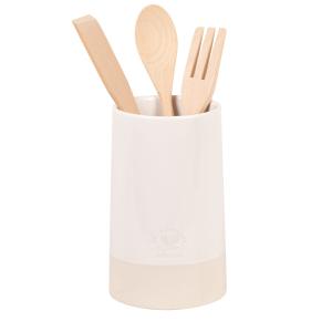 Pot en grès blanc, beige et ustensiles en bois de hêtre