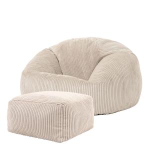Pouf avec repose-pied carré velours côtelé beige galet