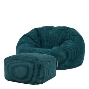 Pouf avec repose-pied carré velours côtelé bleu canard