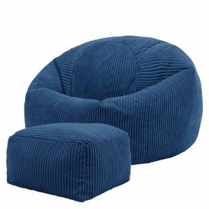 Pouf avec repose-pied carré velours côtelé bleu jean