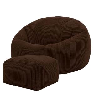Pouf avec repose-pied carré velours côtelé brun chocolat