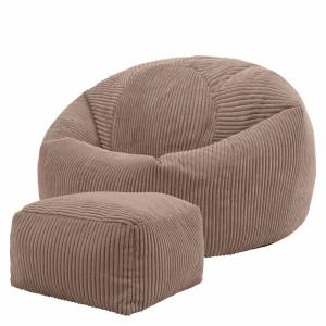 Pouf avec repose-pied carré velours côtelé brun moka
