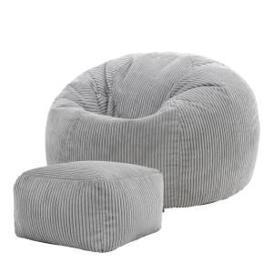 Pouf avec repose-pied carré velours côtelé gris clair