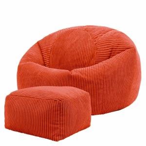 Pouf avec repose-pied carré velours côtelé orange terracott…