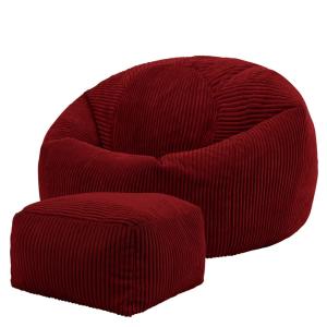 Pouf avec repose-pied carré velours côtelé rouge bordeaux