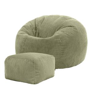 Pouf avec repose-pied carré velours côtelé vert sauge