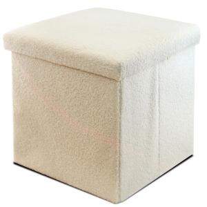 Pouf coffre de rangement tissu bouclette beige pliable 38x3…