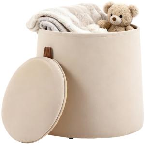 Pouf coffre rangement couvercle réversible velours beige