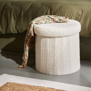 Pouf coffre rond en tissu bouclette  38x38 cm Blanc