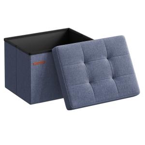 Pouf de rangement 41 x 31 x 31 cm tissu façon lin denim cla…