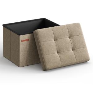 Pouf de rangement 41 x 31 x 31 cm tissu façon lin taupe cla…