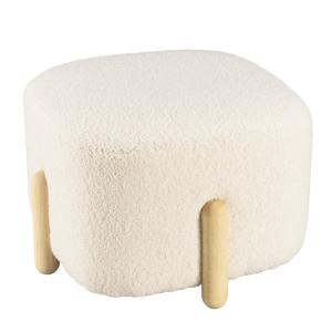 Pouf en tissu bouclette écru et pieds bois