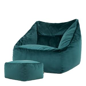 Pouf fauteuil avec repose-pied carré velours bleu canard
