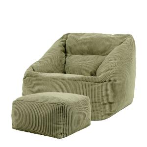 Pouf fauteuil avec repose-pied carré velours côtelé vert sa…