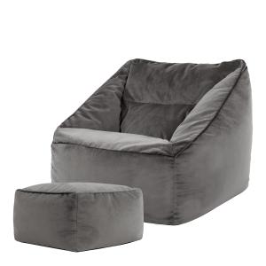 Pouf fauteuil avec repose-pied carré velours gris anthracit…