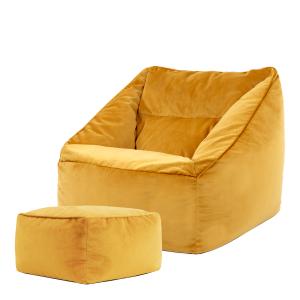 Pouf fauteuil avec repose-pied carré velours jaune ocre