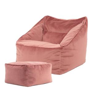 Pouf fauteuil avec repose-pied carré velours rose aube