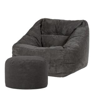 Pouf fauteuil avec repose-pied rond velours côtelé gris ant…