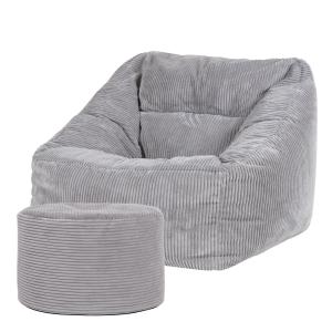 Pouf fauteuil avec repose-pied rond velours côtelé gris cla…
