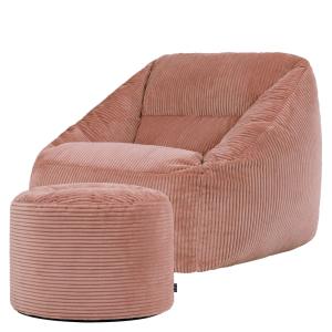 Pouf fauteuil avec repose-pied rond velours côtelé rose aub…