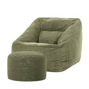 Pouf fauteuil avec repose-pied rond velours côtelé vert sau…