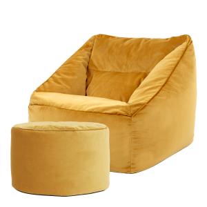 Pouf fauteuil avec repose-pied rond velours jaune ocre