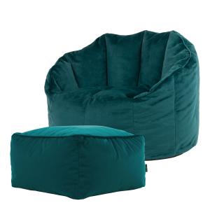 Pouf fauteuil avec repose-pied velours bleu canard