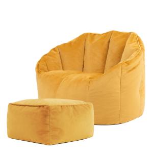 Pouf fauteuil avec repose-pied velours jaune ocre