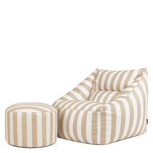 Pouf fauteuil et repose-pieds rond en tissu tissé rayé beig…