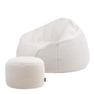 Pouf fauteuil Sherpa et repose-pieds en molleton crème