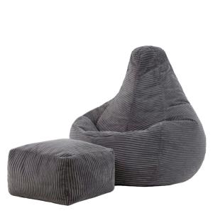 Pouf poire à dos haut et repose-pied velours côtelé gris an…