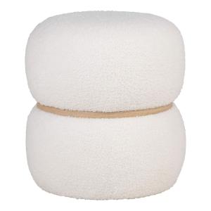 Pouf  rond en tissu bouclé blanc ceinturé en mdf