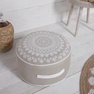 Pouf rond imprimé ethnique coton  45x20 cm Beige