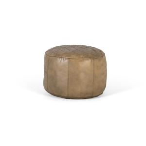Pouf rond recouvert de cuir beige naturel