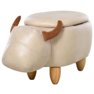 Pouf taureau coffre de rangement 2 en 1 bois d'hévéa creme