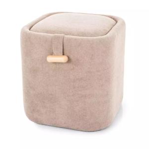 Pouf tissu beige poignée bois rangement 37x37x42cm