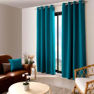 Rideau occultant uni avec 8 œillets polyester bleu canard 1…