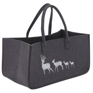Sac à bûches en feutrine motif cerfs gris