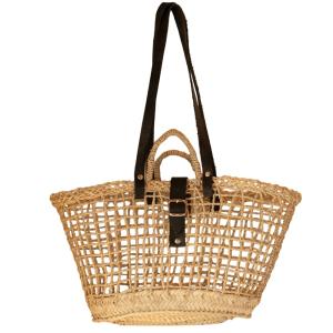 Sac panier en fibre de palmier et anses cuir noir osier nat…