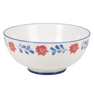 Saladier en céramique blanche motif floral bleu et rouge