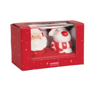 Salière et poivrière Père Noël et renne en porcelaine blanc…