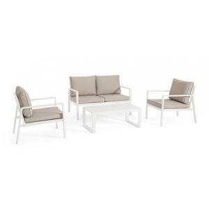 Salon avec 1 canapé en aluminium blanc, 2 fauteuils et 1 ta…