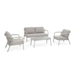 Salon avec coussins en aluminium et corde gris tourterelle