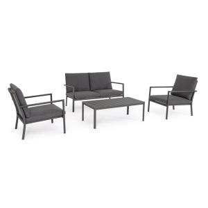Salon avec coussins en aluminium, fauteuils anthracite et t…