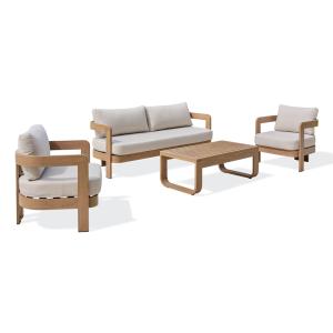 Salon bas de jardin 5 pl en aluminium imitation bois, couss…