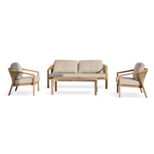 Salon bas de jardin 5 pl en aluminium imitation bois, couss…