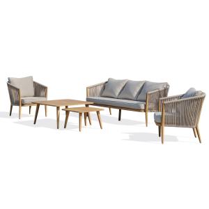 Salon bas de jardin 5 pl en aluminium imitation bois et cor…
