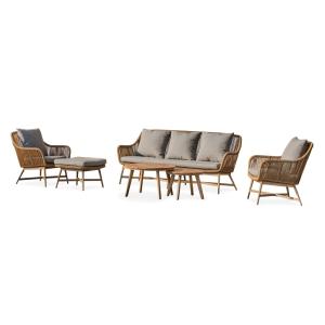 Salon bas de jardin 5 places en aluminium, teck et corde ti…